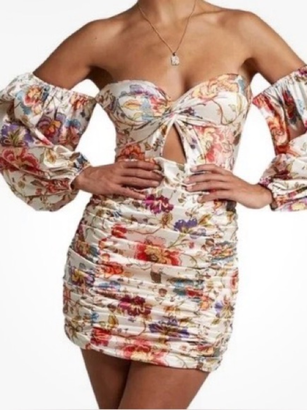 RNWY Sydney Floral Satin Ruched Corset Mini Dress Puff Sleeve Size Small